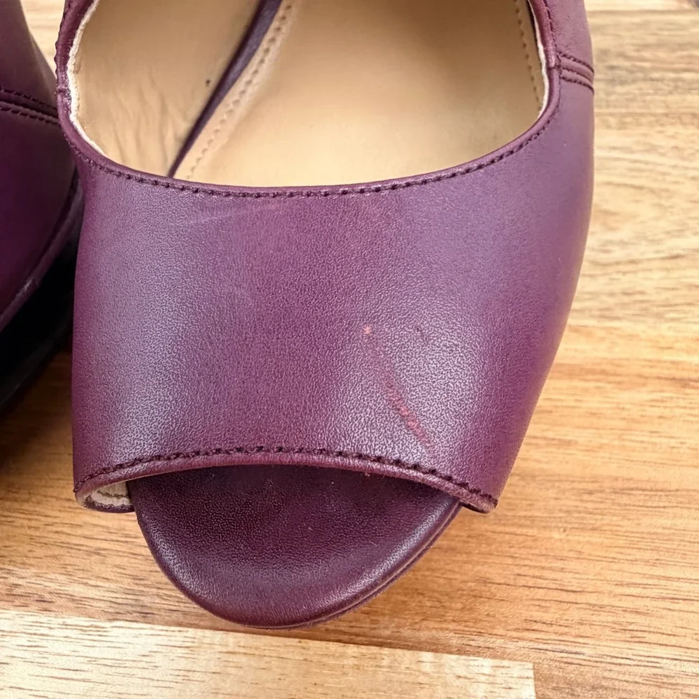 Michael Kors Plum Burgundy Leather Peep Toe Platform Heels Back Zip Womens 8M
